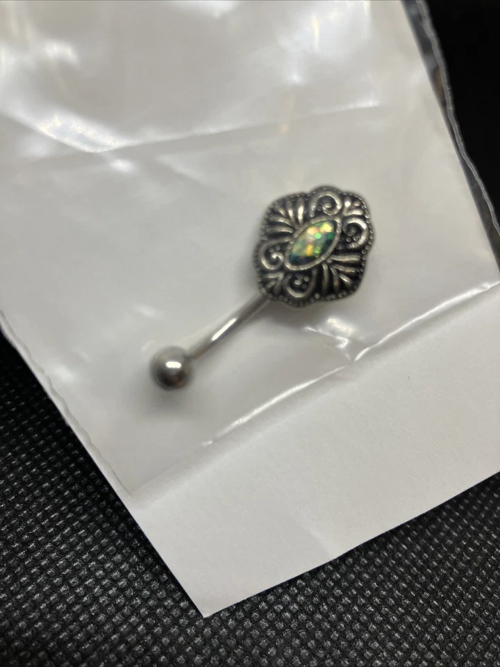 Anillo ombligo de acero inoxidable aspecto antiguo, imitación, brillo ópalo #712 Foto 2 de 4