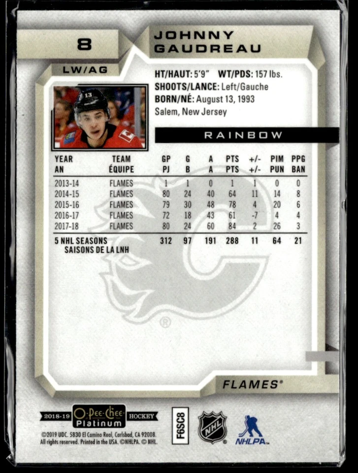 2018-19 O-Pee-Chee Platinum rainbow Johnny Gaudreau #8 - Image 2 of 2