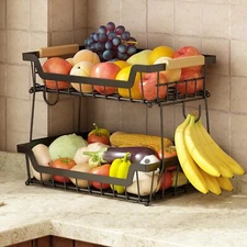 GILLAS 2 Tier Countertop Fruit Basket with 2 Banana Hangers for Kitchen, Detacha