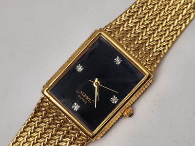 Xavier Womens Watch 25mm Black Dial Crystal Markers Gold Mesh - New Battery