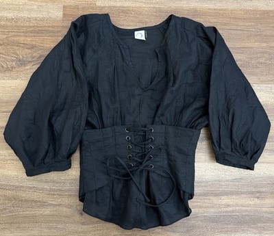 Akemi + Kin Anthropology Black 100% Linen Lace Up Corset Waist Blouse Top Sz 2
