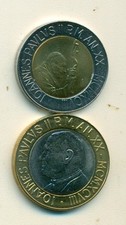 2 UNC BI-METAL COINS w/ JOHN PAUL II from the VATICAN.500 & 1000 LIRE.BOTH 1998