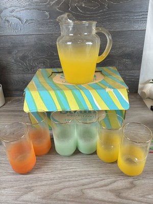 Vintage Libby satin style frosted seven piece juice set in original box