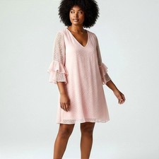 Calvin Klein Pink Polka Dot Ruffle Bell Sleeve V-Neck Shift Dress Womens 16