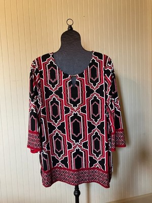 NWT~JM Collection~Red/BLK Border Scarf Print~Studs~Liquid Knit~BOHO Tunic Top~XL