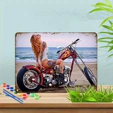 2D flat 1pc Biker Girl on Chopper Motorcycle Tin Metal Signs Wall Art framed Vin