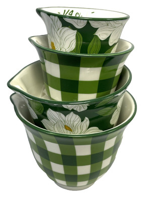 Draper James Magnolia & Green Gingham Ceramic Measuring 4 Cup Set 1 1/2 to 1/4