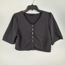 DAZY Black Textured V-Neck Button Up Cropped Short Sleeve Top Women Size L
