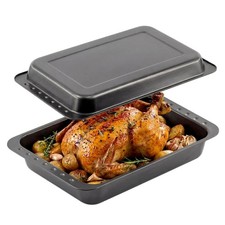 2 in 1 Deep Roasting Tin with Lid Non Stick Baking Tray Set Oven Dish Roaster