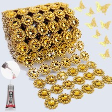 Yhsheen Gold Rhinestone Mesh Fabric, 4IN X 3Yards 6Rows, Bling Ribbon A,