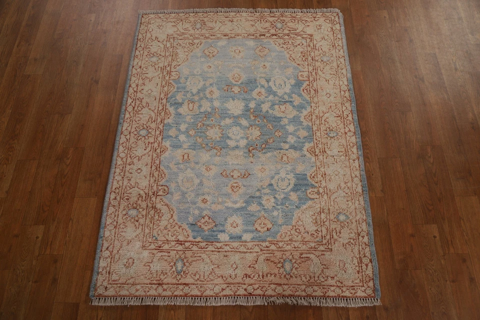 Transitional Oushak Turkish Wool Rug 3x4 ft Blue Vegetable Dye Carpet Floral Rug - Image 2 of 4