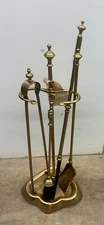 Antique 19th c French BOUHON FRERES Brass Bronze 4 pc Fireplace Tool Set & Stand