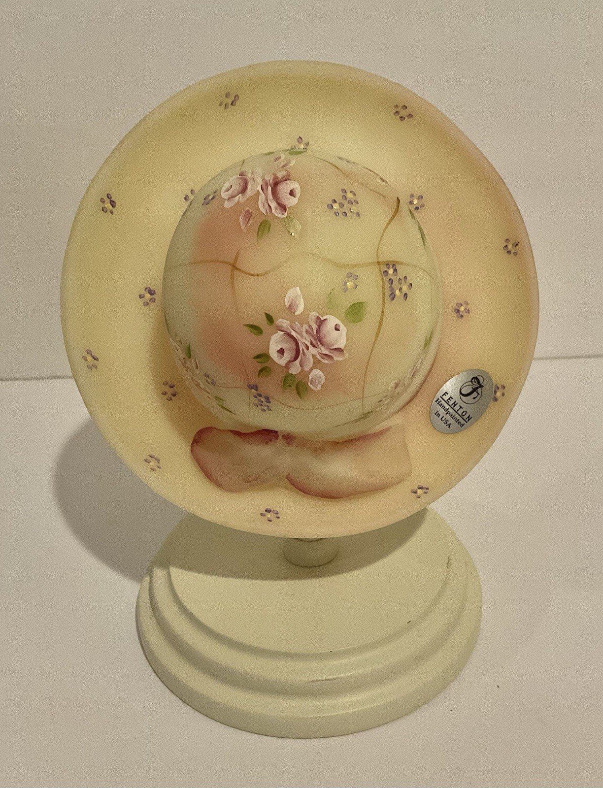 Fenton Burmese Glass Hand Painted Hat Pink Floral Roses w/Stand