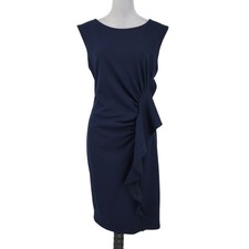 Calvin Klein Dress Womens 12 Navy Blue Crepe Ruched Ruffle Sheath Zip Sleeveless