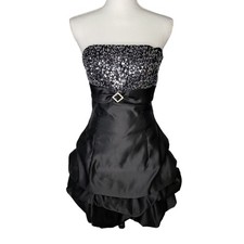 Jessica McClintock for Gunne Sax Black Sequin Bodice Bubble Hem Satin Dress