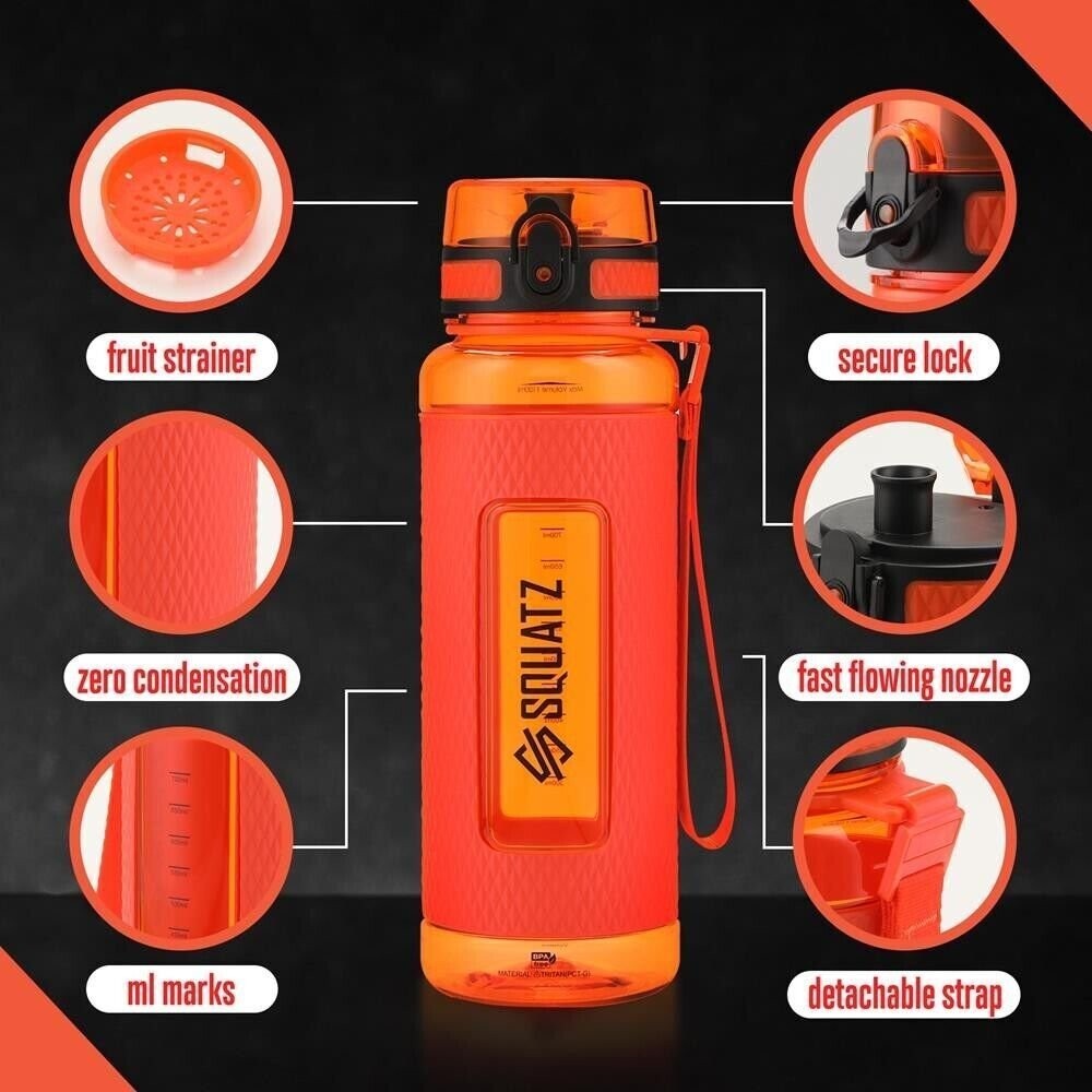 SQUATZ 33floz Sports Water Bottle BPA-Free Leakproof With Strainer - Orange
