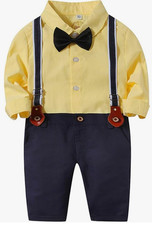 Gentleman Suspender Outfits Suit Woven Shirt and Pants with Bowtie 6 - 12 mo. 
