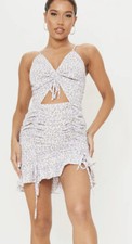 PRETTY LITTLE THING NWT LILAC DITSY RUCHED STRAPPY BODYCON DRESS SIZE 6