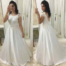 Satin Wedding Dresses Lace Cap Sleeve O-Neck A Line Bridal Gowns Train Plus Size