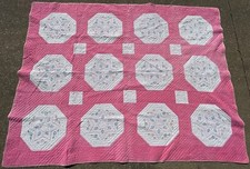 Vintage Handmade Pink Cotton 86" X 66" Cross Stitch Flower 6 Star Quilt Blanket