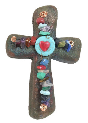 Raku Pottery Jeremy Diller Signed Handmade Cross Beads Copper Magnet Hanging