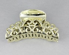 Gold hair clip plastic 3 5/8" long big barrette claw clamp scroll cut out swirl