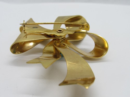 Vintage Large Polished Gold Tone Light Blue Rhinestone Bow Brooch Pin - Picture 4 of 7