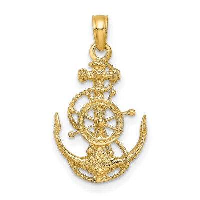 14k Yellow Gold Small Anchor w/ Wheel Nautical Charm Pendant 0.95 Inch