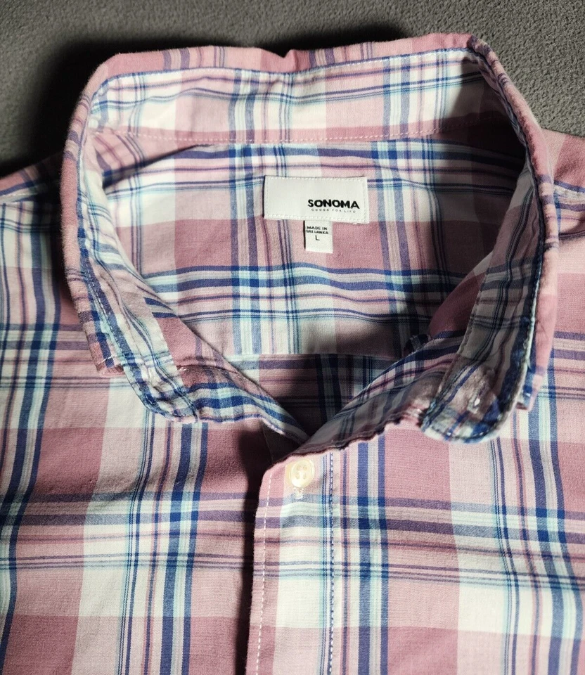 Camisa de vestir Sonoma para hombre grande blanca roja a cuadros con cuello abotonado manga larga Foto 4 de 4
