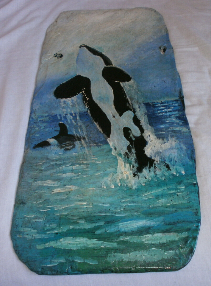 SCOTTISH OIL ON SLATE PAINTING OF 2 KILLER WHALES /ORCA BY JOSEPHINE