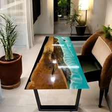 Blue Wave Epoxy Resin Dining Top Table Handmade Conference Meeting Furniture Dec
