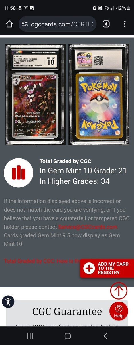 POP 21) CGC 10 GEM MINT Gothorita 078/071 Snow Hazard SV2P POP 21) CGC 10 GEM MINT Gothorita 078/071 Snow Hazard SV2P