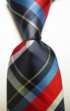 New Classic Checks Blue Red White Yellow JACQUARD WOVEN Silk Men's Tie Necktie