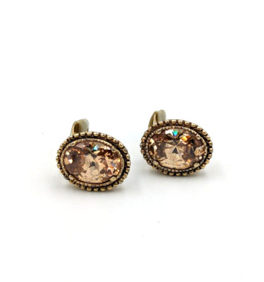 Vintage CINER Peach Color Oval Crystal Gold Tone Clip-On Earrings Signed