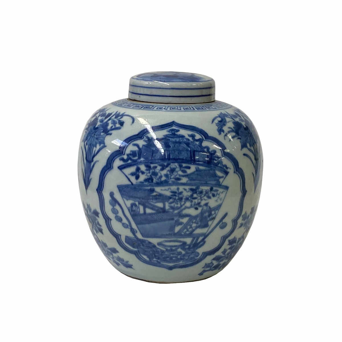 Hand-paint Treasure House Graphic Blue White Porcelain Ginger Jar ws1712S Hand-paint Treasure House Graphic Blue White Porcelain Ginger Jar ws1712S