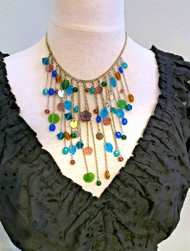 Vintage Wasserfall Latz Halskette Metall Anhänger Glasperlen Fransen Halsband Hippie Zigeuner - Bild 1 von 6