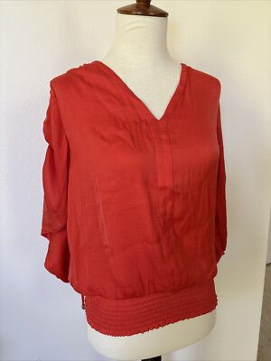 NWT philosophy blouse orange Red v neck ruffle sleeves scrunch waist Small