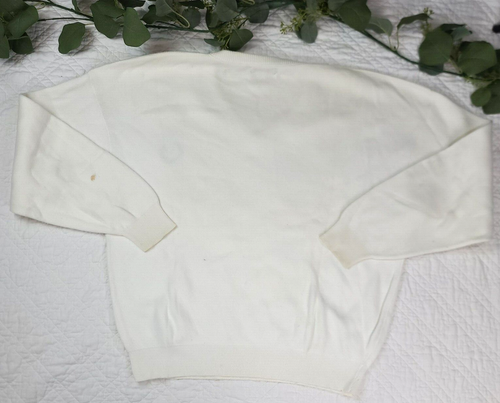 White VTG Christian Dior men's V-neck sweater with long sleeves and ribbed cuffs, hem, and neckline, made in USA.