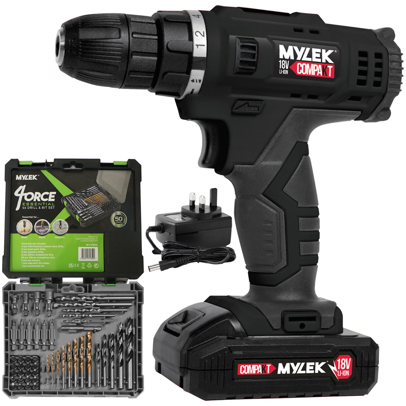 Mylek 18V Cordless Drill Electric Screwdriver Combi Power Tool & 50 Piece Set