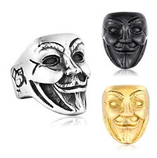Vintage Smiling Joker Face Mask Ring Gothic Biker Ring Stainless Steel Size 7-13