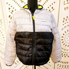 Eddie Bauer Boys Reversible Down Puffer Jacket Gray Black Neon L 14 Coat Hooded