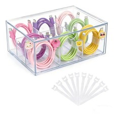 Cable Storage Box with Cable Ties, Flip-Top Acrylic Cord Organizer with 9 C...