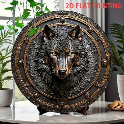 Viking Wolf Shield Metal Wall Art Norse Mythology Round Plaque 8  Warrior Deco