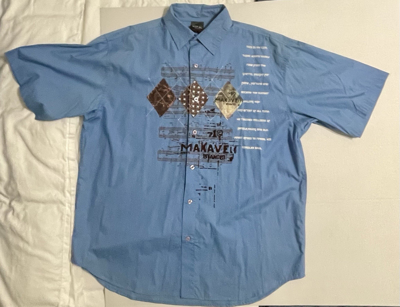 FILA Camicia vintage Makaveli Tupac uomo taglia 2XL blu manica corta con bottoni