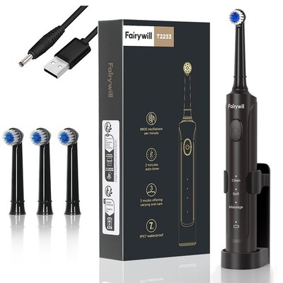 Fairywill Rotating Electric Toothbrush Spin Ultrasonic USB Rechargeable 4 Brush