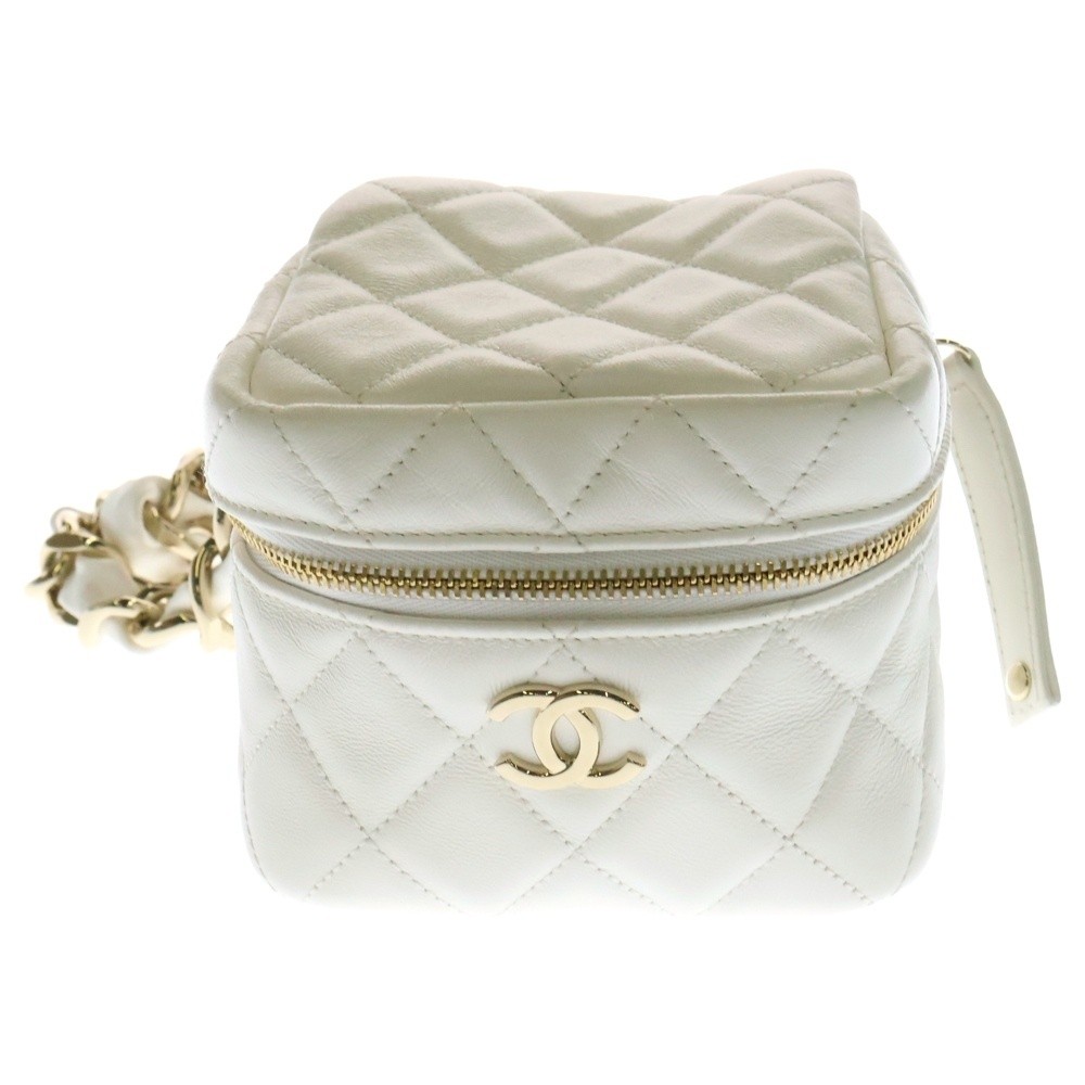 CHANEL  Matelasse Mini Vanity Chain Handbag White Lambskin Gold Hardware