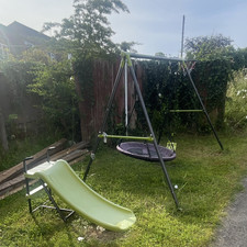 Metal Kids Swing Set with Round Nest Swing, Belt Swing and Slide