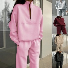 Womens 2 Piece Tracksuit Zip Up Stand Collar Sweatshirt Jogger Pants S-XXL