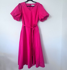Banana Republic Pink Cotton Maxi Dress L Puff Sleeve Flowy Tie Waist V-Neck Belt