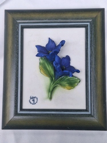 Vtg Fabar Capodimonte Porcelain Wall Art 3D Blue Gentian Framed Italy 7"X6" READ - Picture 2 of 13